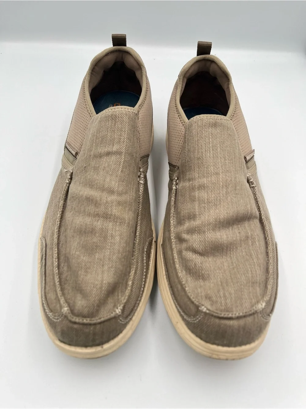 Skechers Men’s 13 Relaxed Fit Memory Foam Slip On Moc Toe Shoes Taupe Beige